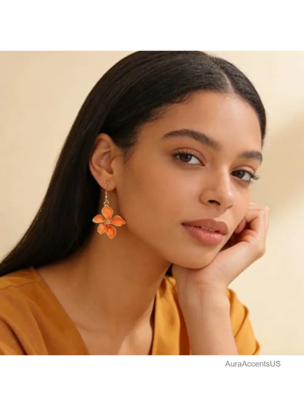 Enamel Five-Petal Flower Dangle Earrings Gold Plated Statement Jewelry Women's